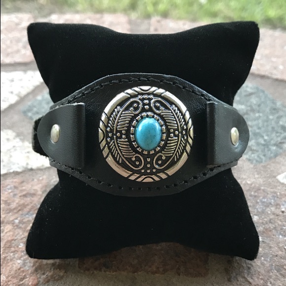 Handmade Black leather cuff silver totem blue gem - Picture 2 of 8